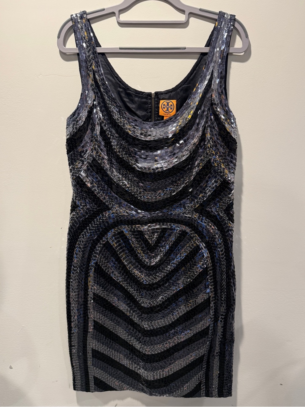 Tory Burch Gunmetal Sequin Bodycon Mini Dress Sleeveless Party Size 12 NWT Silk